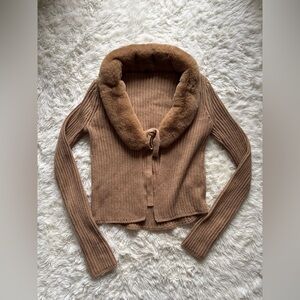 Wild Fable Tan Ribbed Cardigan with Faux Fur Collar